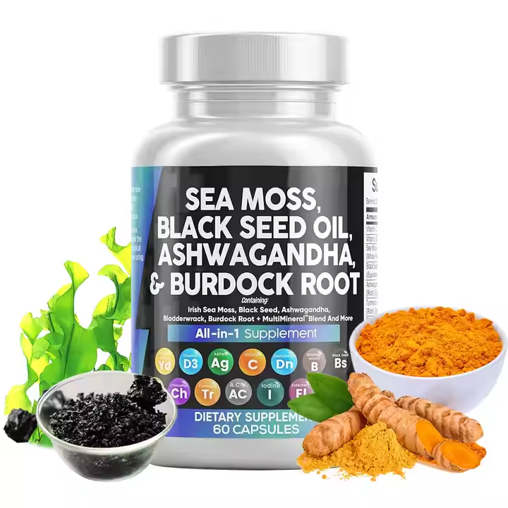 Black Seed Oil Og Ashwagandha viðbót Sea Moss hylki